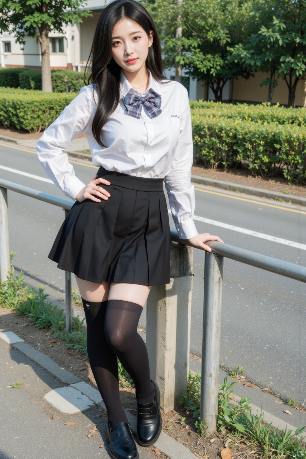 (photorealistic, best quality, ultra high res, extremely detailed eyes and face:1.3),1girl, solo,(bowtie,black_loafers,school uniform, black skirt,white shirt,black thighhighs:1.2),perfect body,standing,large breasts,looking at viewer,smile,outdoors,