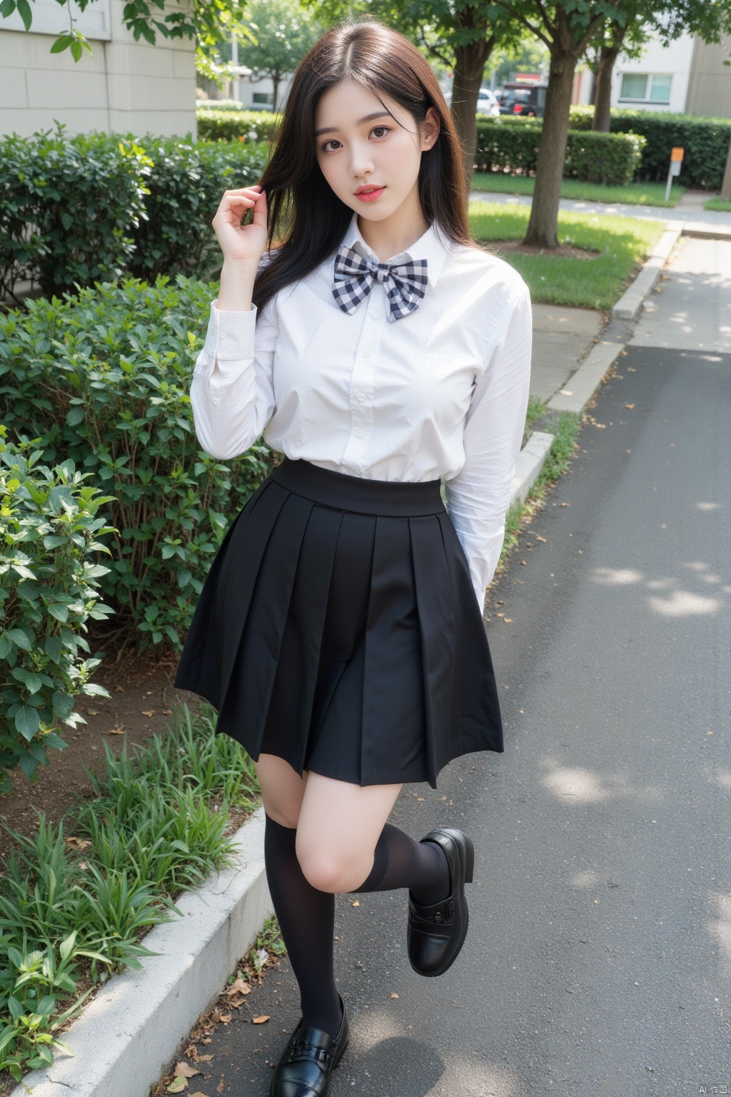 (photorealistic, best quality, ultra high res, extremely detailed eyes and face:1.3),1girl, solo,(bowtie,black_loafers,school uniform, black skirt,white shirt,black thighhighs:1.2),perfect body,standing,large breasts,looking at viewer,smile,outdoors,