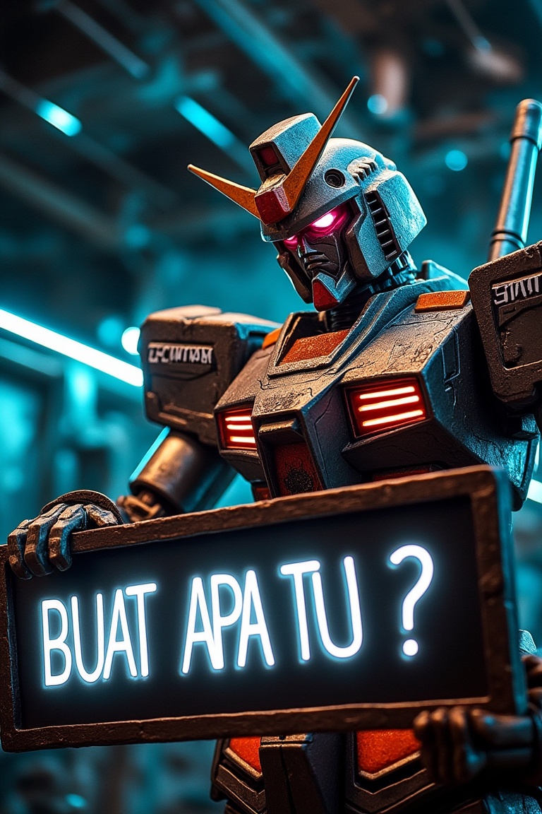 A dynamic shot of a Gundam robot holding a signboard with the text BUAT APA TU? in bold,  futuristic letters. The Gundam s...