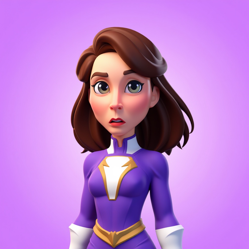 purys0eg,  3D cartoon of (potrait) Shazam girl from DC comic. the background is light purple,  in the style of t0k on Tens...