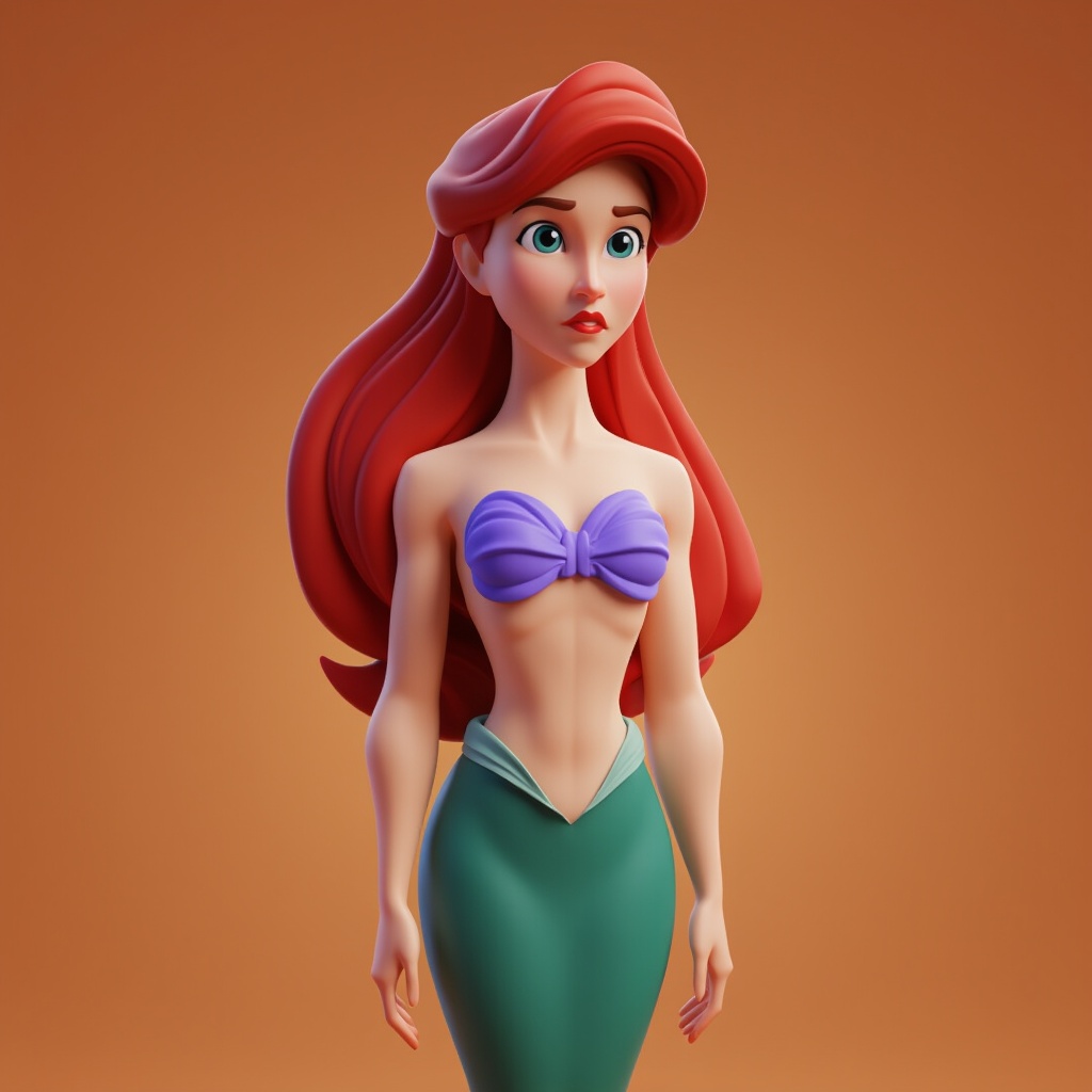 purys0eg,  3D cartoon of (upperbody shot) Ariel from disney. the background is light brown,  in the style of t0k on Tensor...