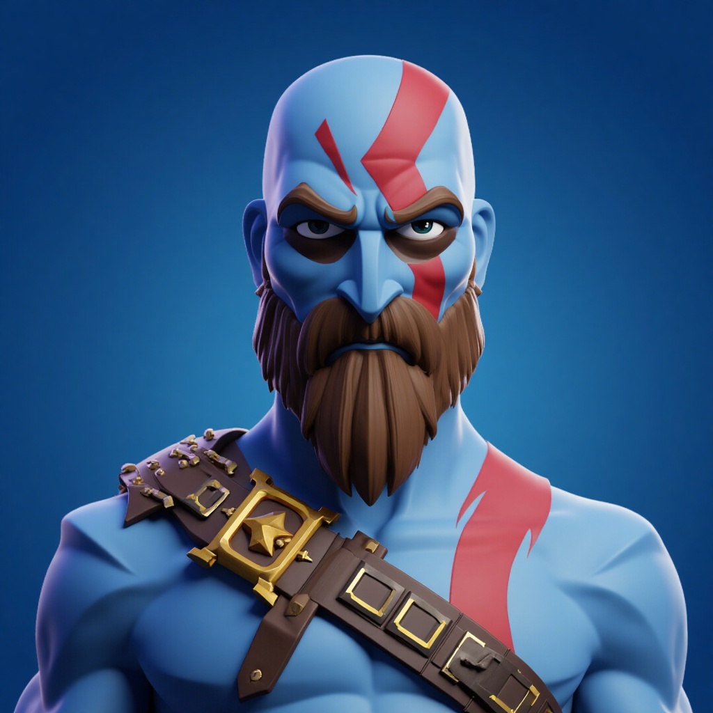 purys0eg,  3D cartoon of upperbody portrait kratos god of war. the background is blue. in the style of t0K on Tensor.Art