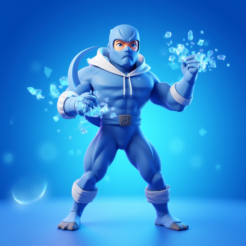 purys0eg,  3D cartoon of (upperbody) sub-zero from mortal combat with ice effects. the background is blue,  in the style o...