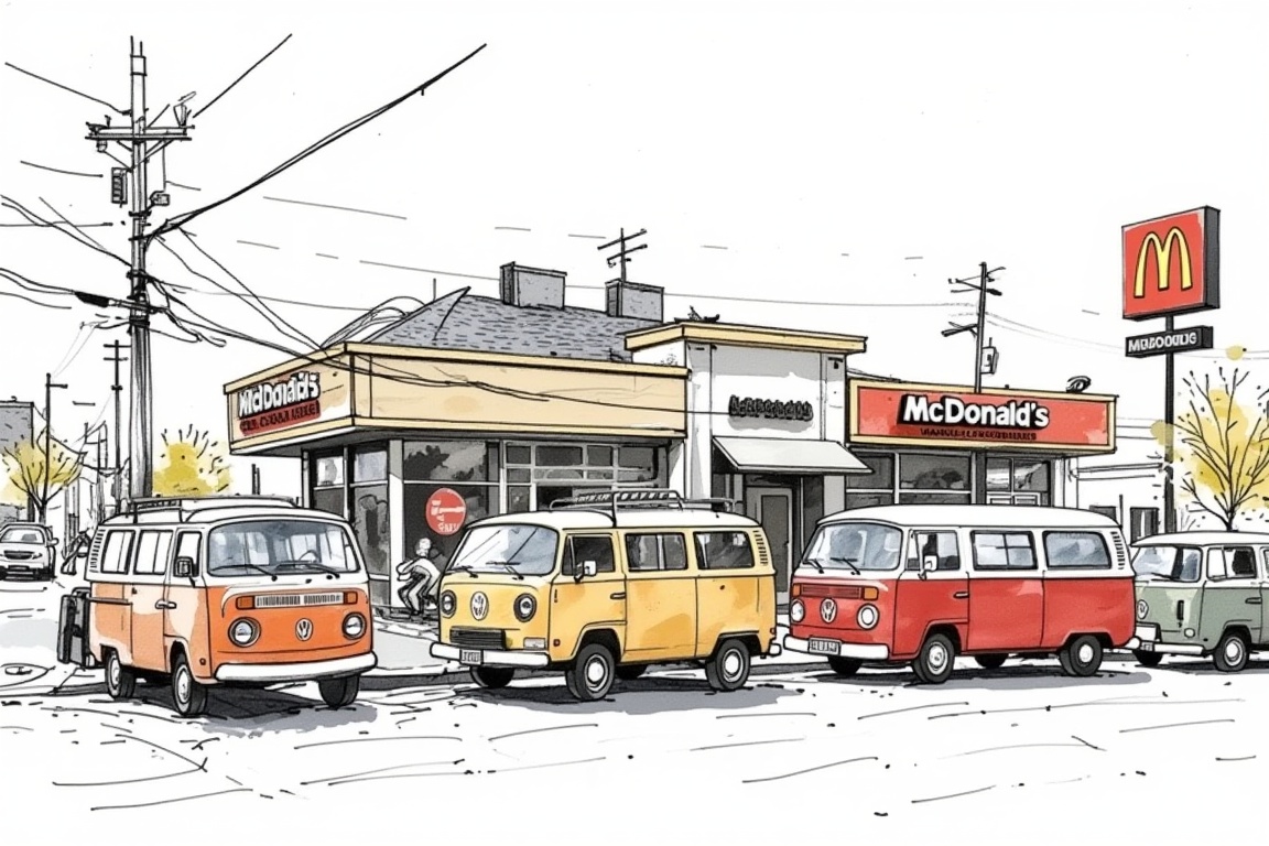Travel Sketches, Vans parked in front of McDonald's restaurant, in the style of t0k