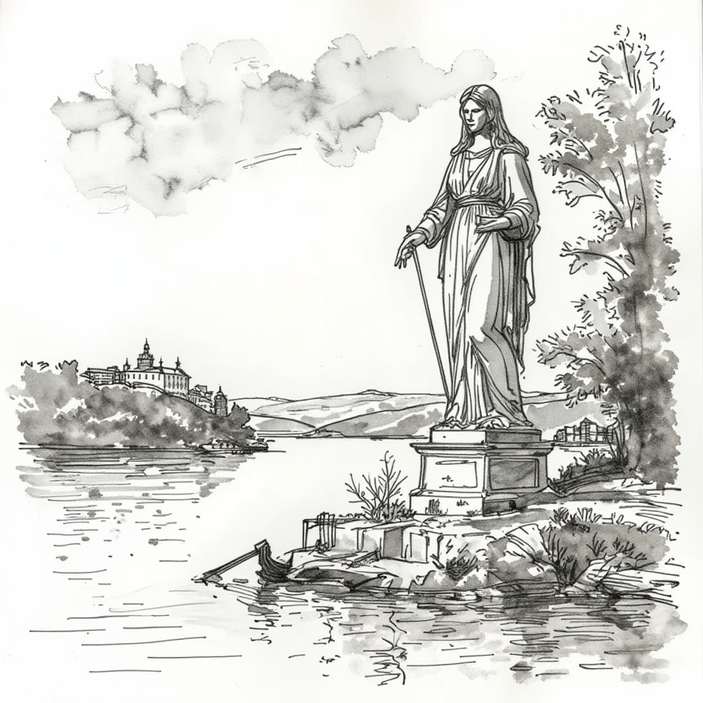 Travel Sketches ,  a monalisa statue seen from lake,  in the style of t0k on Tensor.Art