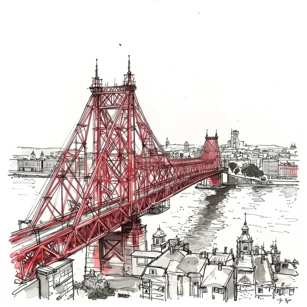 Travel Sketches , a red bridge seen from the top of building, in the style of t0k