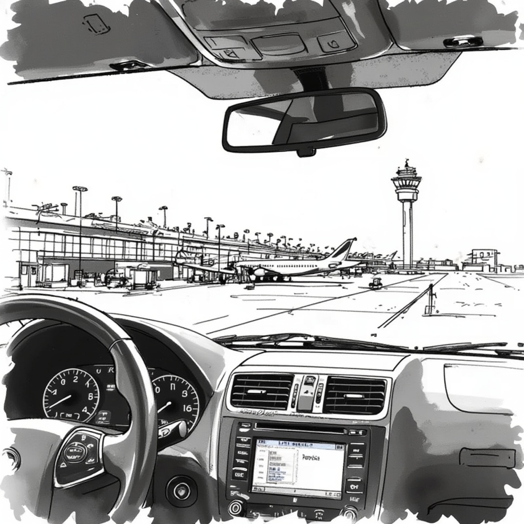 Travel Sketches , a Airport seen from inside the car, in the style of t0k. No color