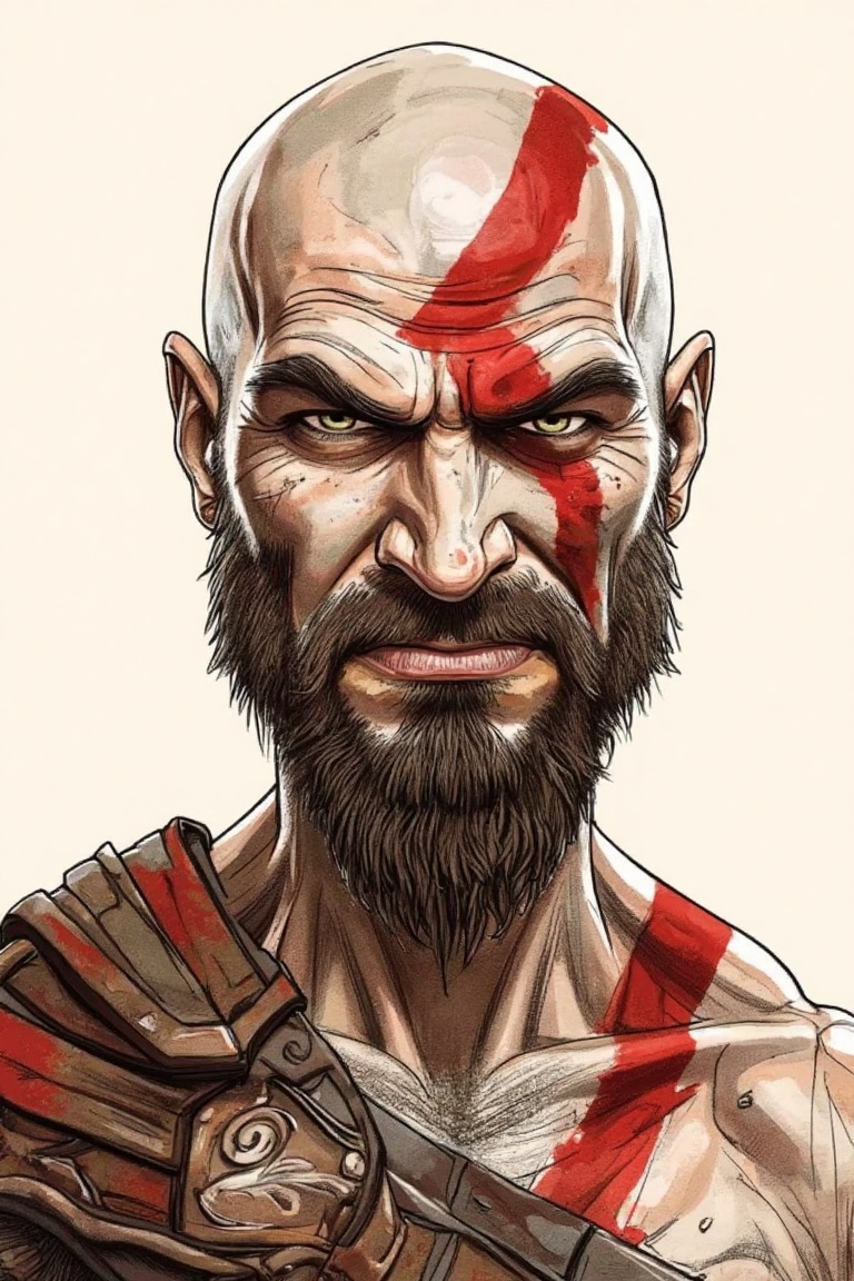 sketch caricature of kratos god of war,  happy face,  simple background on Tensor.Art