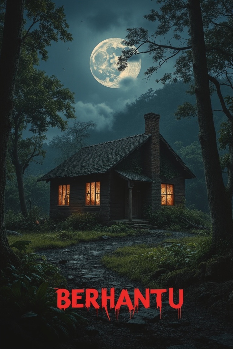 A horror movie poster featuring a dilapidated bungalow in a dense,  shadowy forest. The BERHANTU title is prominently disp...