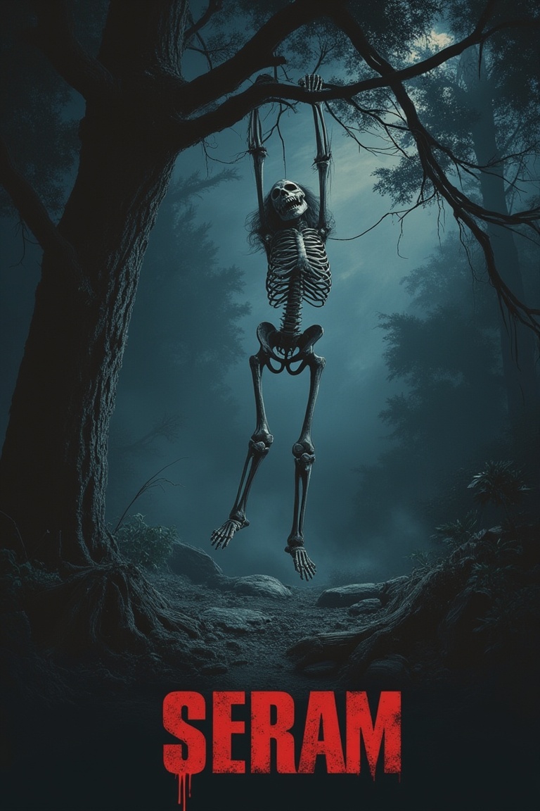 A horror movie poster featuring a skeletal figure hanging ominously from a tree branch in a dark,  foreboding forest. The...