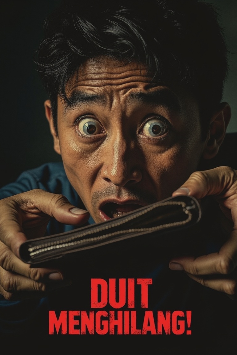A horror movie poster featuring a close-up shot of a shocked face,  eyes wide with disbelief,  as the character realizes t...