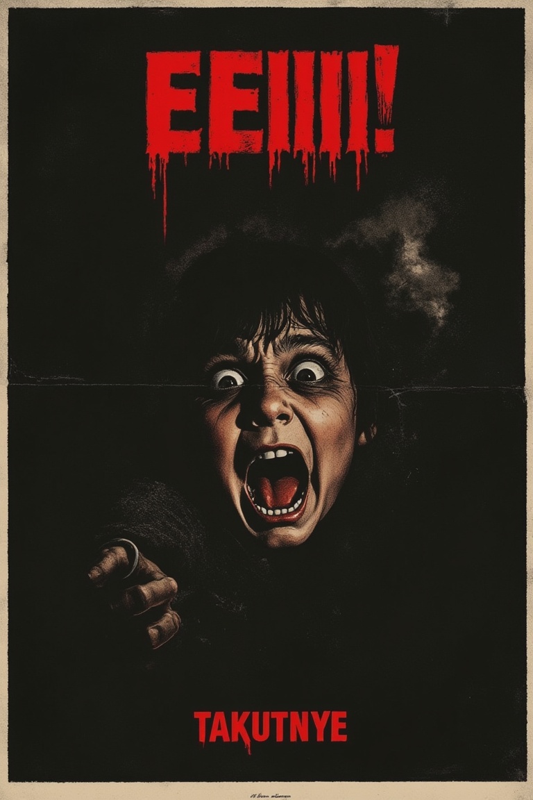 A horror movie poster featuring a close-up shot of a terrified face,  eyes wide with fear,  illuminated by an eerie on Ten...