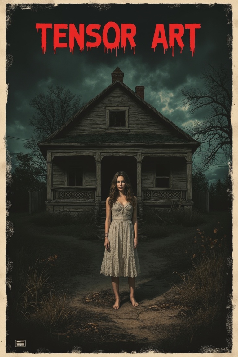 A horror movie poster featuring a pretty woman standing static in front of a creepy,  worn bungalow. The TENSOR ART title...