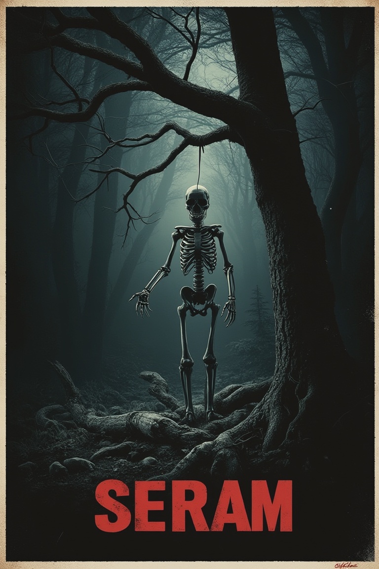 A horror movie poster featuring a skeletal figure hanging ominously from a tree branch in a dark,  foreboding forest. The...