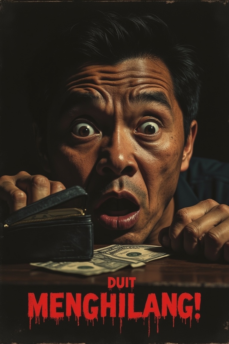 A horror movie poster featuring a close-up shot of a shocked face,  eyes wide with disbelief,  as the character realizes t...