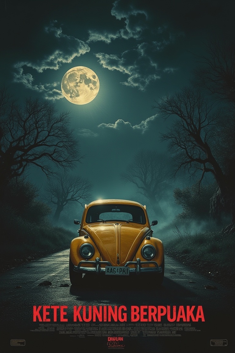 A horror movie poster featuring a yellow Volkswagen classic car parked on a lonely,  creepy road under a dark,  moonlit sk...