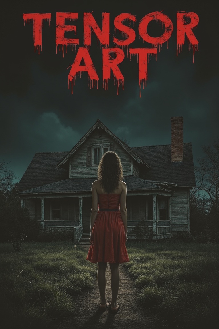 A horror movie poster featuring a pretty woman standing static in front of a creepy,  worn bungalow. The TENSOR ART title...