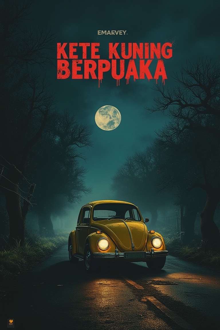 A horror movie poster featuring a yellow Volkswagen classic car parked on a lonely,  creepy road under a dark,  moonlit sk...