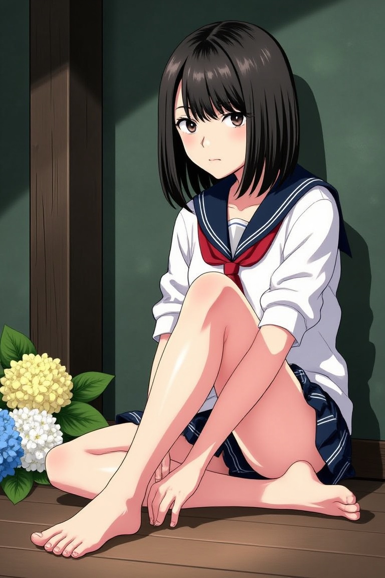 A digital drawing in a stylized,  anime-inspired art style. A young woman with fair complexion and short,  straight black...