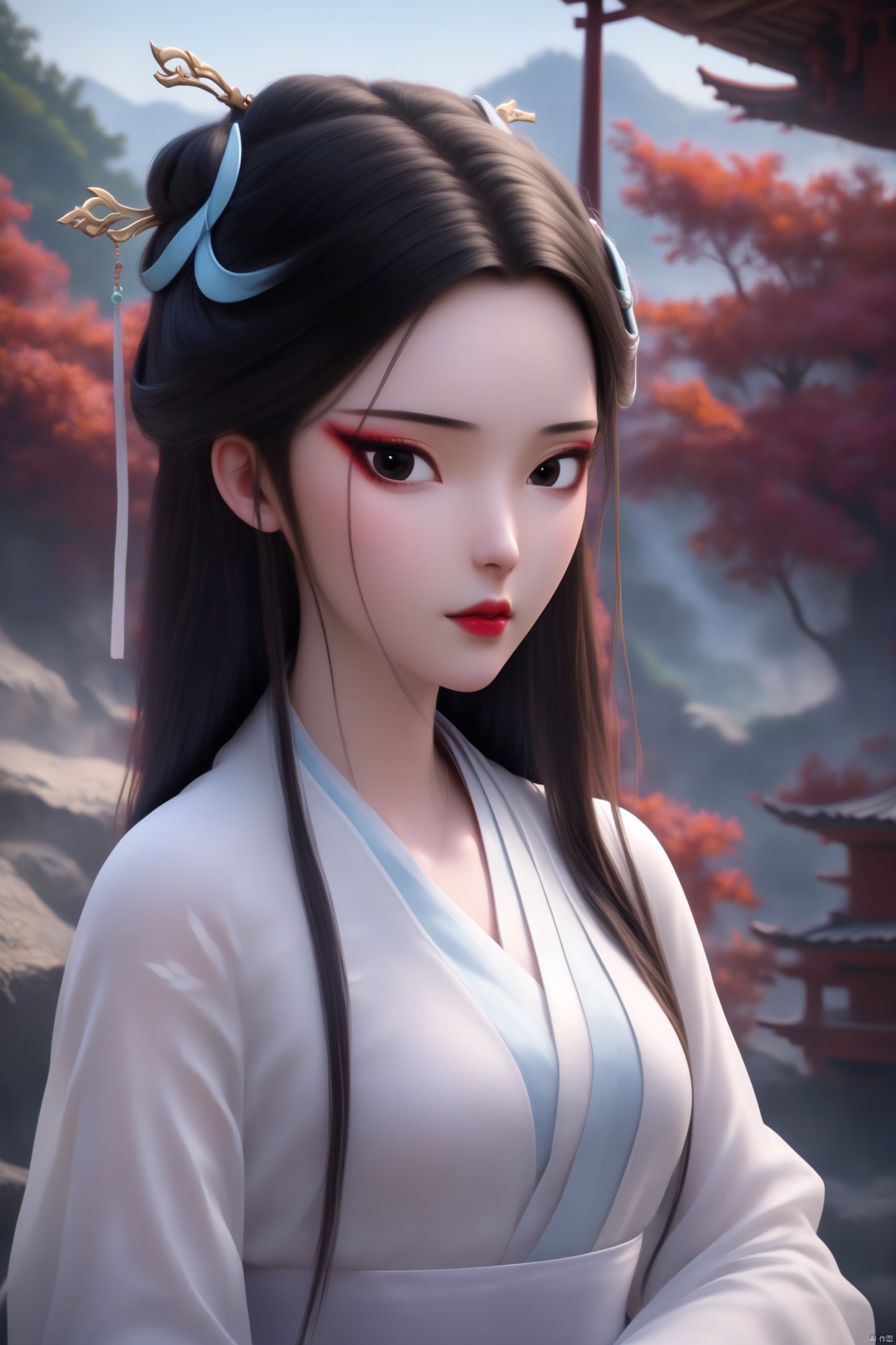 score_9, score_8_up, score_7_up,highly detailed digital,1girl, solo, long hair, looking at viewer, black hair, hair ornament, upper body, outdoors, japanese clothes, black eyes, makeup, white kimono, red lips,ultra detailed background,ultra detailed background,ultra realistic 8k cg, ,masterpiece,xiaobai