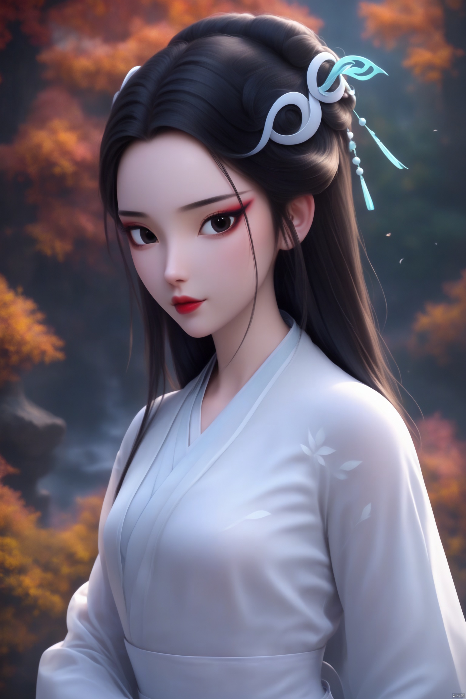 score_9, score_8_up, score_7_up,highly detailed digital,1girl, solo, long hair, looking at viewer, black hair, hair ornament, upper body, outdoors, japanese clothes, black eyes, makeup, white kimono, red lips,ultra detailed background,ultra detailed background,ultra realistic 8k cg, ,masterpiece,xiaobai