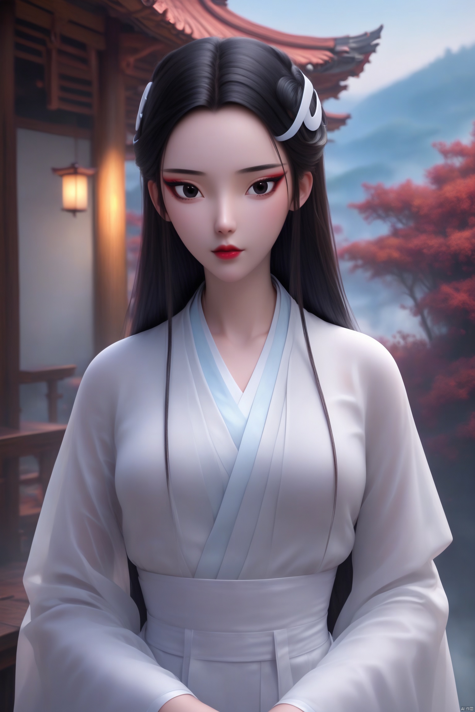 score_9, score_8_up, score_7_up,highly detailed digital,1girl, solo, long hair, looking at viewer, black hair, hair ornament, upper body, outdoors, japanese clothes, black eyes, makeup, white kimono, red lips,ultra detailed background,ultra detailed background,ultra realistic 8k cg, ,masterpiece,xiaobai