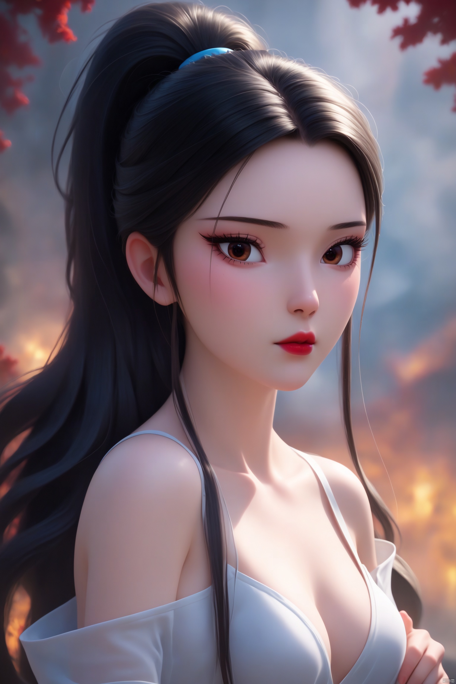 score_9, score_8_up, score_7_up,highly detailed digital,
1girl, solo, long hair, breasts, looking at viewer, black hair, bare shoulders, brown eyes, upper body, ponytail, off shoulder, lips, eyelashes, makeup, high ponytail, lipstick, red lips
,ultra detailed background,ultra detailed background,ultra realistic 8k cg, ,masterpiece,xiaobai