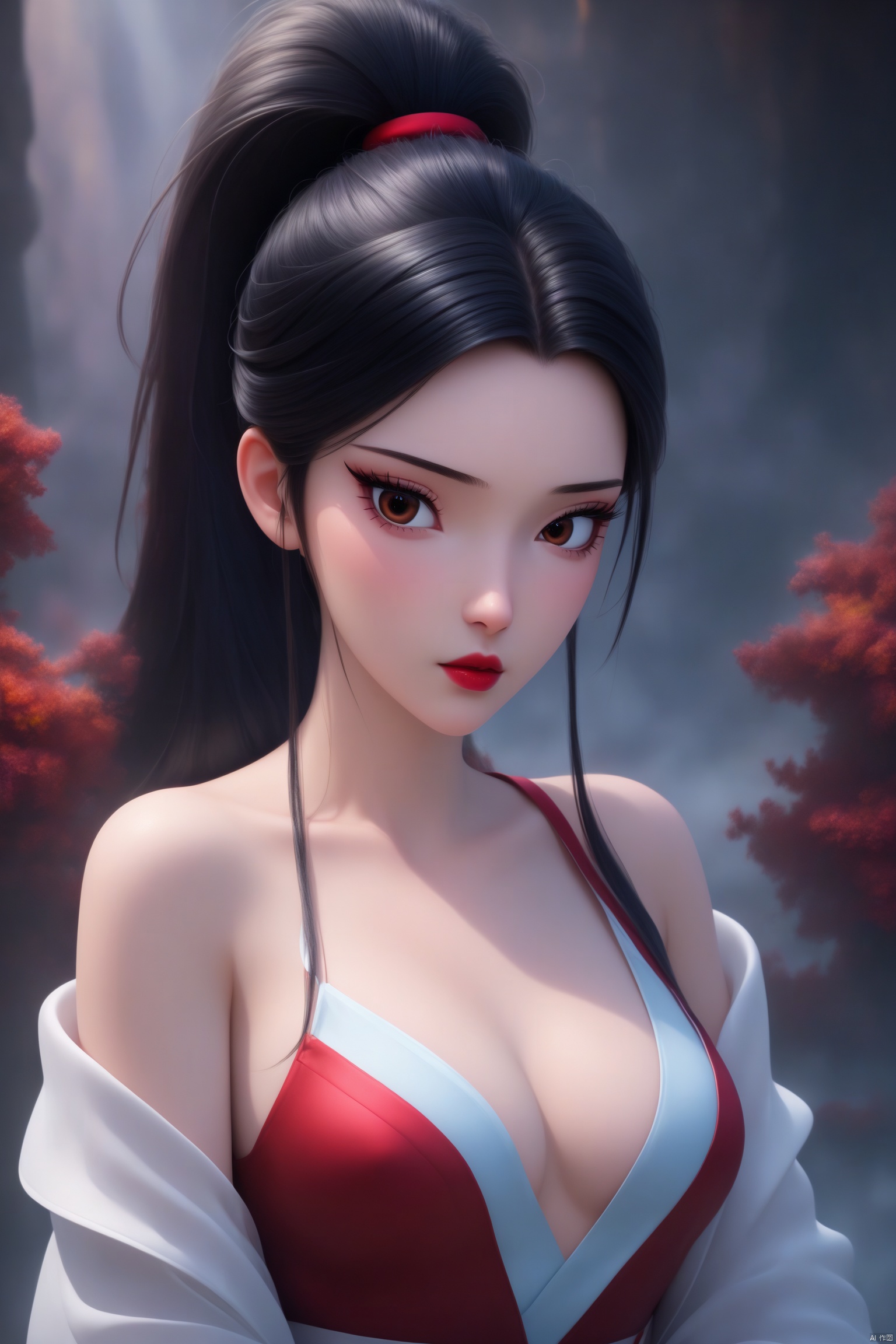 score_9, score_8_up, score_7_up,highly detailed digital,
1girl, solo, long hair, breasts, looking at viewer, black hair, bare shoulders, brown eyes, upper body, ponytail, off shoulder, lips, eyelashes, makeup, high ponytail, lipstick, red lips
,ultra detailed background,ultra detailed background,ultra realistic 8k cg, ,masterpiece,xiaobai