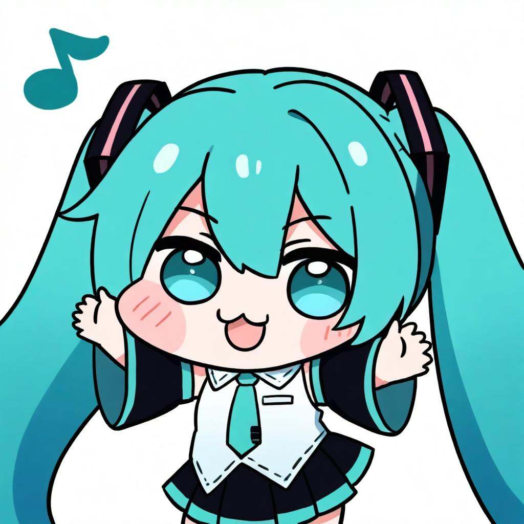masterpiece,best quality,<lora:doro_illu-xl-v0.1-000063:1>,(chibi,:3,doro),1girl,hatsune miku,twintails,necktie,solo,skirt,shirt,aqua hair,black skirt,aqua eyes,detached sleeves,long hair,sleeveless,white shirt,open mouth,white background,aqua necktie,black sleeves,sleeveless shirt,outstretched arms,very long hair,blush stickers,pleated skirt,hair ornament,miniskirt,bare shoulders,musical note,