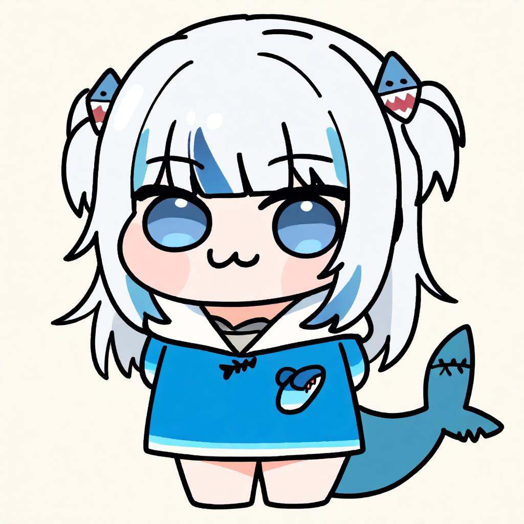 masterpiece,best quality,<lora:doro_illu-xl-v0.1-000063:1>,(chibi,:3,doro,solo,),1girl,gawr gura,virtual youtuber,tail,fish tail,shark tail,solo,blue eyes,multicolored hair,grey hair,full body,blue hair,streaked hair,bangs,hair ornament,shark hair ornament,two side up,white background,hood,blunt bangs,shark girl,hoodie,simple background,blue hoodie,