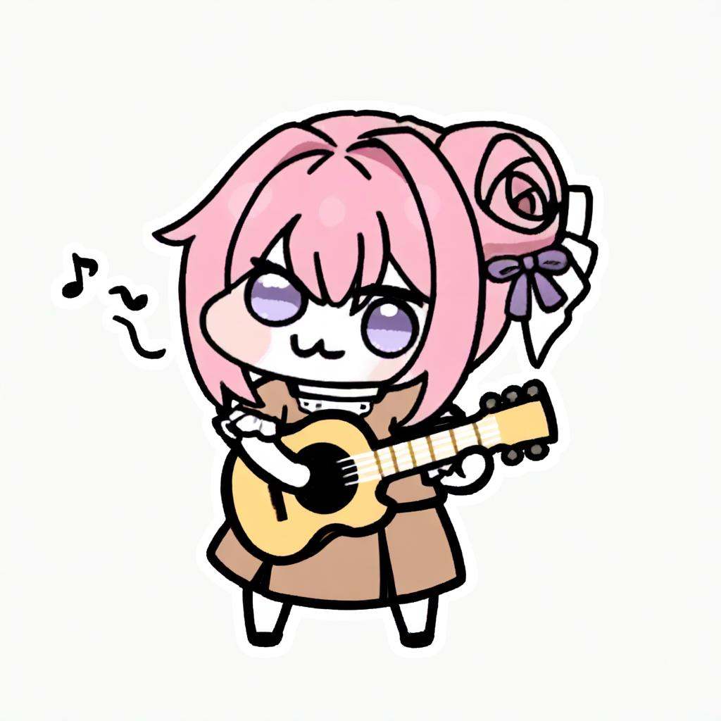masterpiece,best quality,<lora:doro_illu-xl-v0.1-000063:1>,doro, :3, 1girl, solo, musical note, instrument, pink hair, hair bun, white background, dress, holding instrument, chibi, holding, guitar, simple background, hair intakes, music, eighth note, closed mouth, double bun, full body, looking at viewer, brown dress