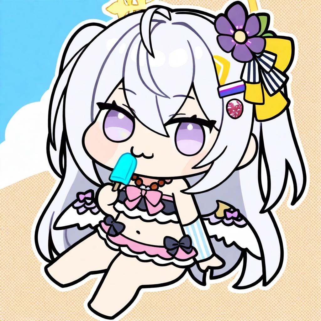 masterpiece,best quality,<lora:doro_illu-xl-v0.1-000063:1>,(chibi,:3,doro),1girl,azusa \(swimsuit\) \(blue archive\),1girl,wings,halo,solo,looking at viewer,navel,popsicle,sitting,frilled bikini,hair flower,eating,collarbone,beach,bead necklace,ahoge,official_alternate_costume,food-themed hair ornament,