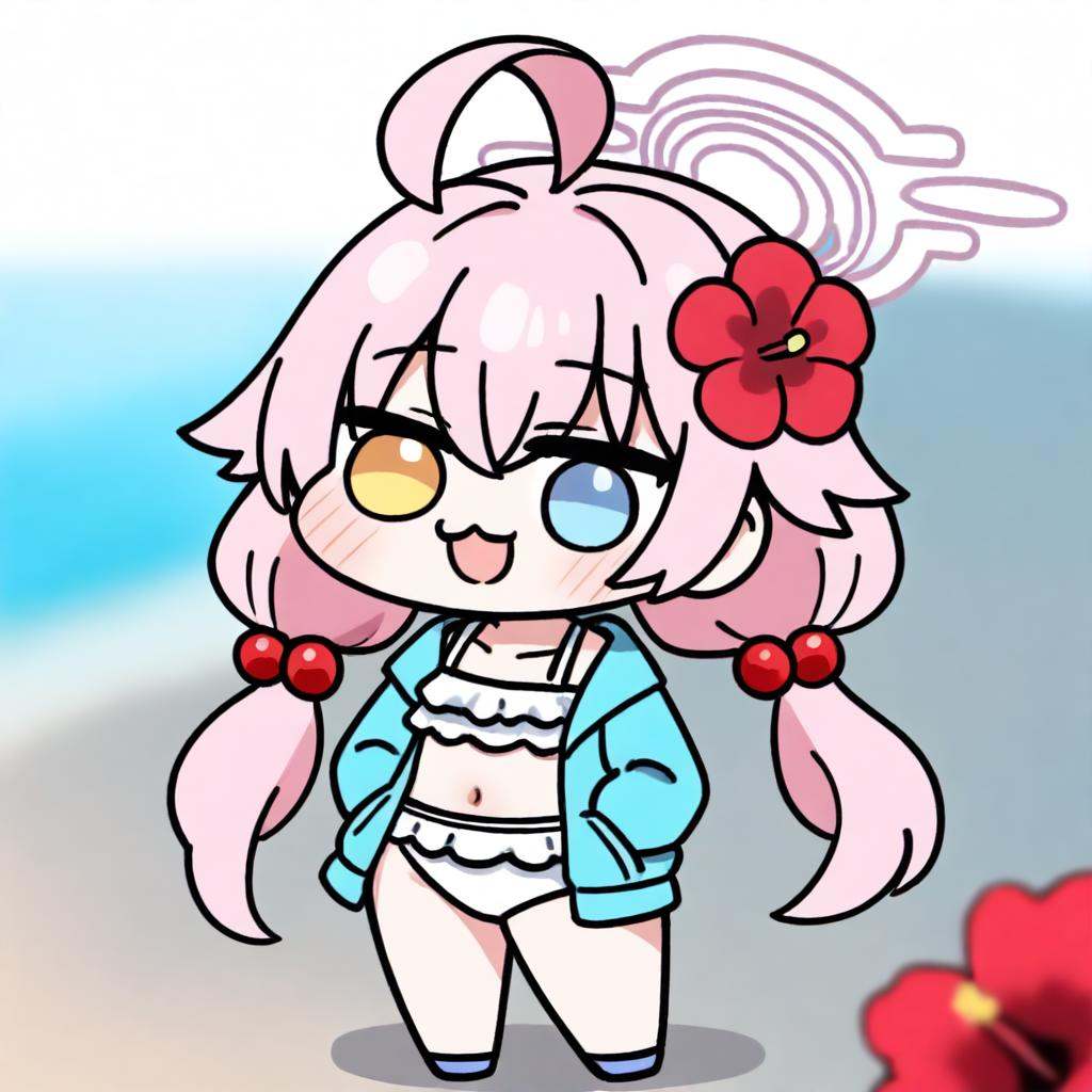 masterpiece,best quality,<lora:doro_illu-xl-v0.1-000063:1>,(chibi,:3,doro),solo,red flower,1girl,hoshino (blue archive),flower,blue jacket,hoshino (swimsuit) (blue archive),hair ornament,white bikini,frilled bikini,heterochromia,swimsuit,twintails,long hair,ahoge,yellow eyes,bikini,navel,halo,blush,looking at viewer,jacket,frills,low twintails,blue eyes,open mouth,pink hair,collarbone,hair between eyes,hair bobbles,outdoors,long sleeves,hair flower,official alternate costume,hibiscus,open clothes,blurry,