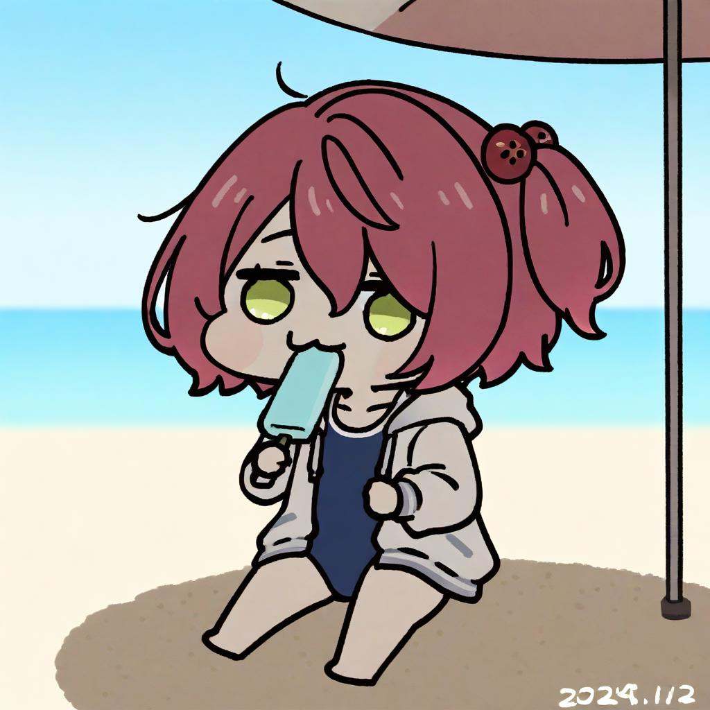 masterpiece,best quality,<lora:doro_illu-xl-v0.1-000063:1>,(chibi,:3,doro),<lora:make_heroine_ga_oo_sugiru_style_ill-xl-v0.1-000013:1>,masterpiece,best quality,1girl, komari_chika, swimsuit, food, solo, one-piece_swimsuit, popsicle, sitting, school_swimsuit, hood, umbrella, blue_one-piece_swimsuit, outdoors, jacket, blurry, beach, sky, hair_ornament, day, barefoot, hair_bobbles, hoodie, beach_umbrella, hooded_jacket, blue_sky, white_jacket, depth_of_field, dated, side_, holding_food, holding, collarbone, shade, hood_down, eating