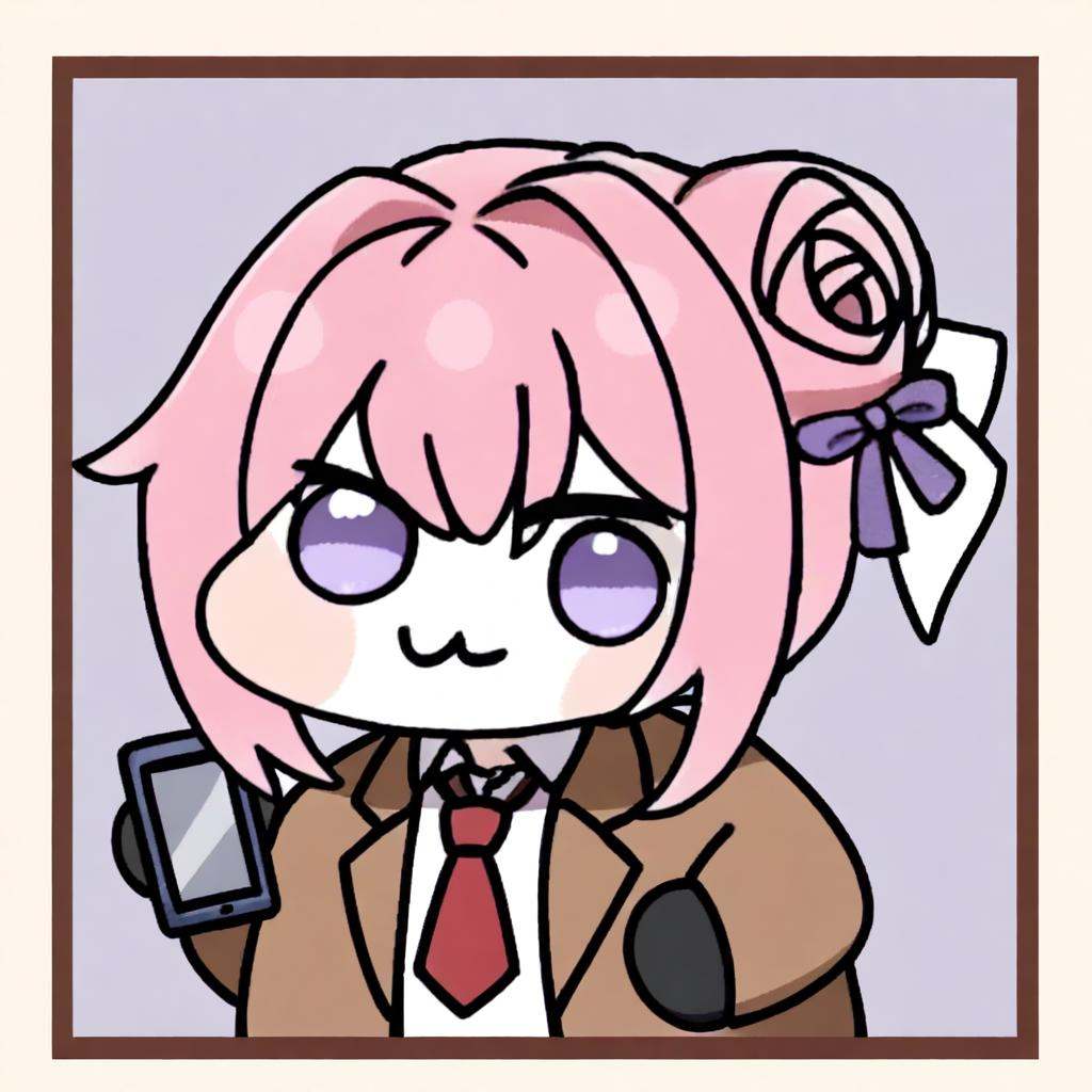 masterpiece,best quality,<lora:doro_illu-xl-v0.1-000063:1>,doro, :3, 1girl, hair bun, necktie, pink hair, purple eyes, solo, red necktie, chibi, white shirt, shirt, holding, border, jacket, simple background, looking at viewer, upper body, bow, phone, hair bow, brown jacket, open clothes, single hair bun, coat, gloves, closed mouth, ribbon, hair intakes, chinese text