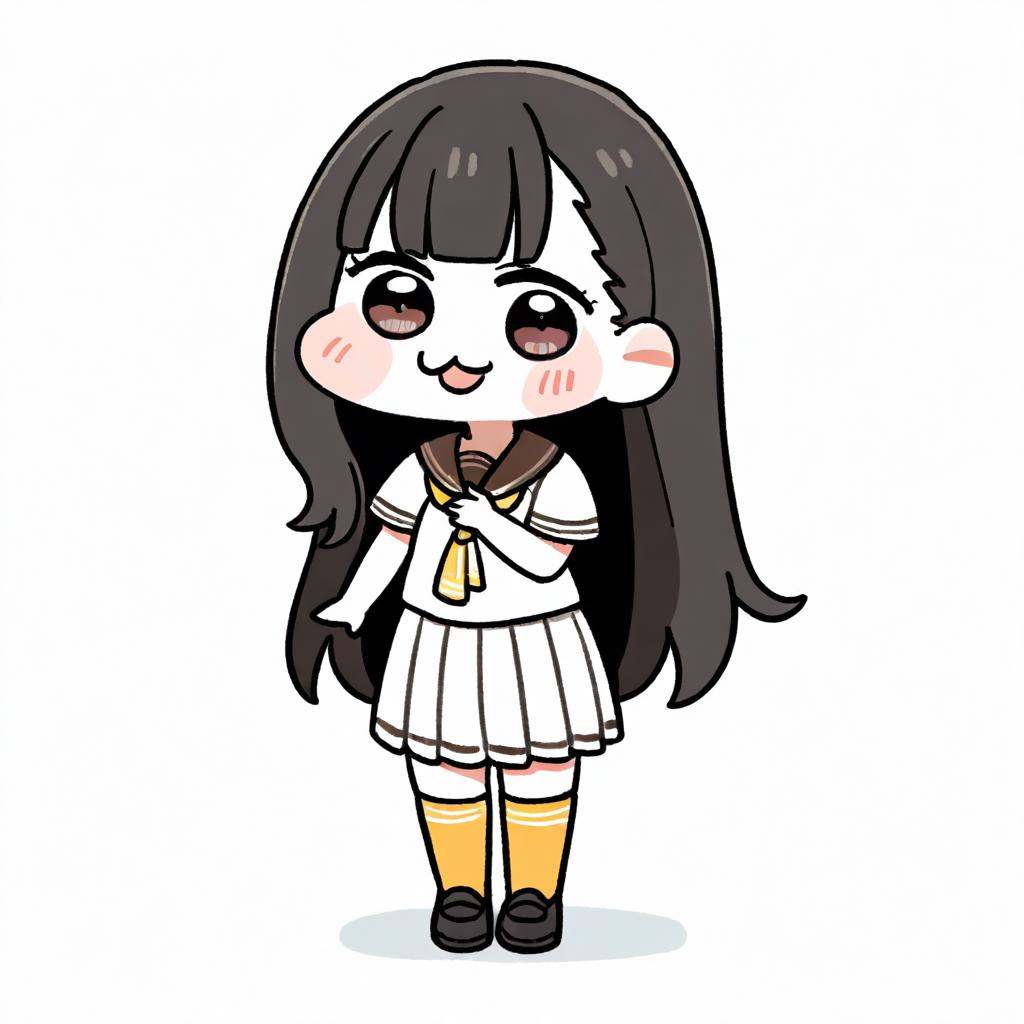 masterpiece,best quality,<lora:doro_illu-xl-v0.1-000063:1>,(chibi,:3,doro),<lora:make_heroine_ga_oo_sugiru_style_ill-xl-v0.1-000013:1>,masterpiece,best quality,1girl, nukumizu_kaju, solo, school_uniform, white_background, smile, looking_at_viewer, open_mouth, socks, simple_background, sailor_collar, short_sleeves, shoes, yellow_socks, serafuku, skirt, white_skirt, neckerchief, :d, full_body, loafers, standing, white_dress, black_footwear, shadow, white_serafuku, dress, black_sailor_collar, orange_socks, hand_on_own_chest, blush