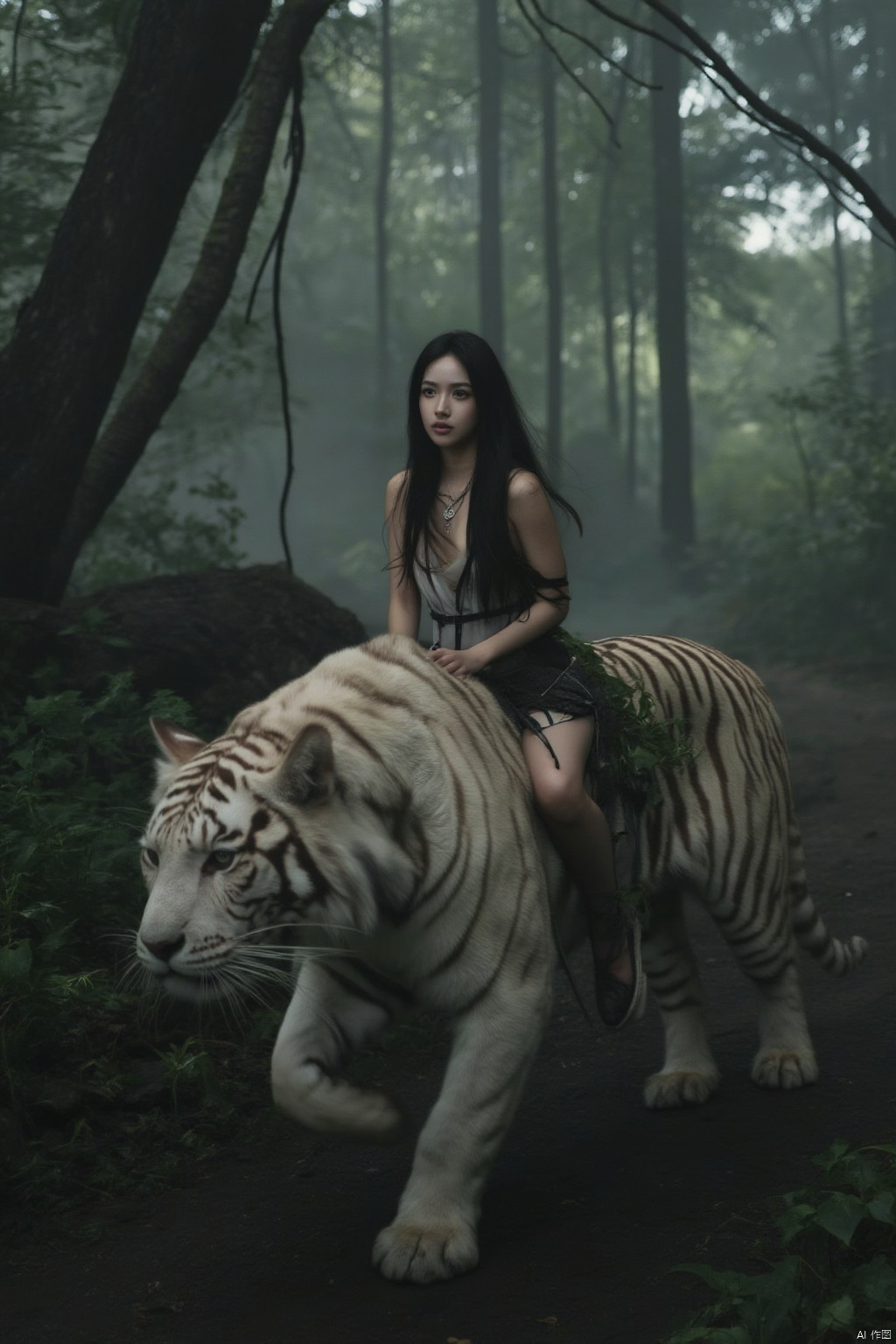 A stunning Asian beauty sits regally on the back of a majestic white tiger, her long black hair flowing in the wind as she gazes confidently into the distance. The tiger's powerful muscles ripple beneath its gleaming coat as it pads through a misty forest, leaves and vines tangled in its mane. The woman's slender legs wrap around the tiger's waist, her hands grasping its fur as she holds steady against the tiger's gentle movements.