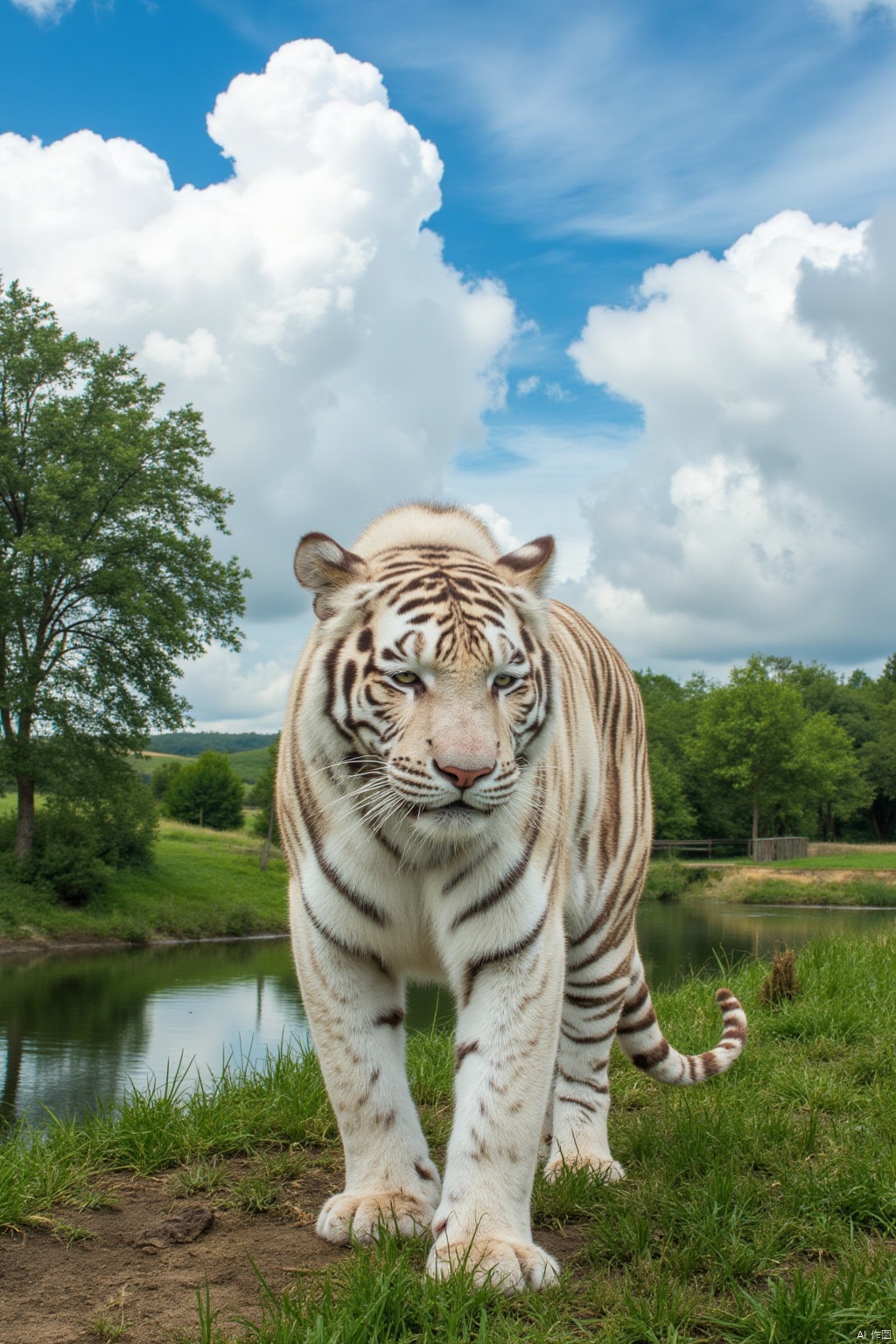 white tiger,qfl,outdoors, sky,cloud, water, tree,no human