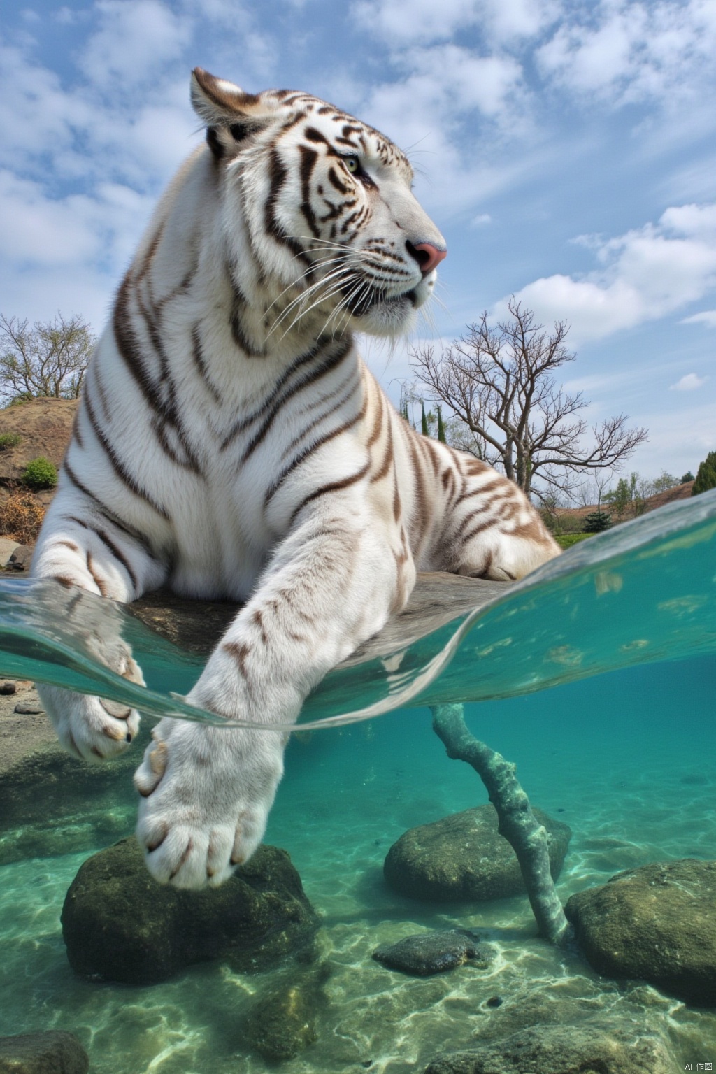 white tiger,qfl,outdoors, sky,cloud, water, tree