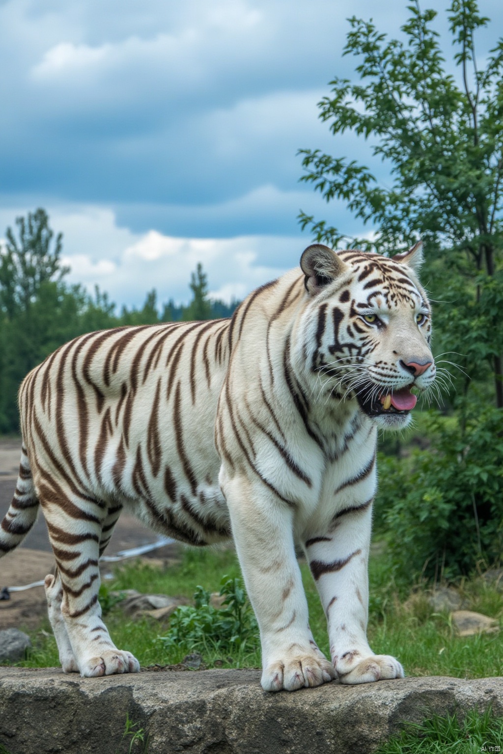 white tiger,qfl,outdoors, sky,cloud, water, tree,no human