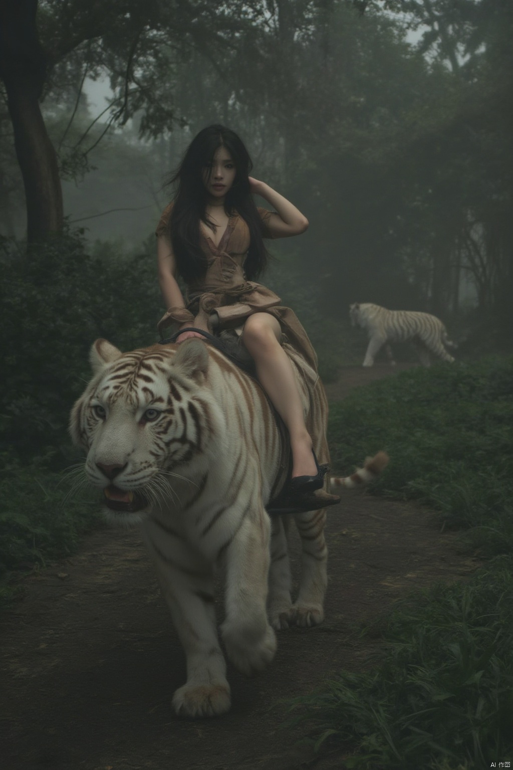 A stunning Asian beauty sits regally on the back of a majestic white tiger, her long black hair flowing in the wind as she gazes confidently into the distance. The tiger's powerful muscles ripple beneath its gleaming coat as it pads through a misty forest, leaves and vines tangled in its mane. The woman's slender legs wrap around the tiger's waist, her hands grasping its fur as she holds steady against the tiger's gentle movements.