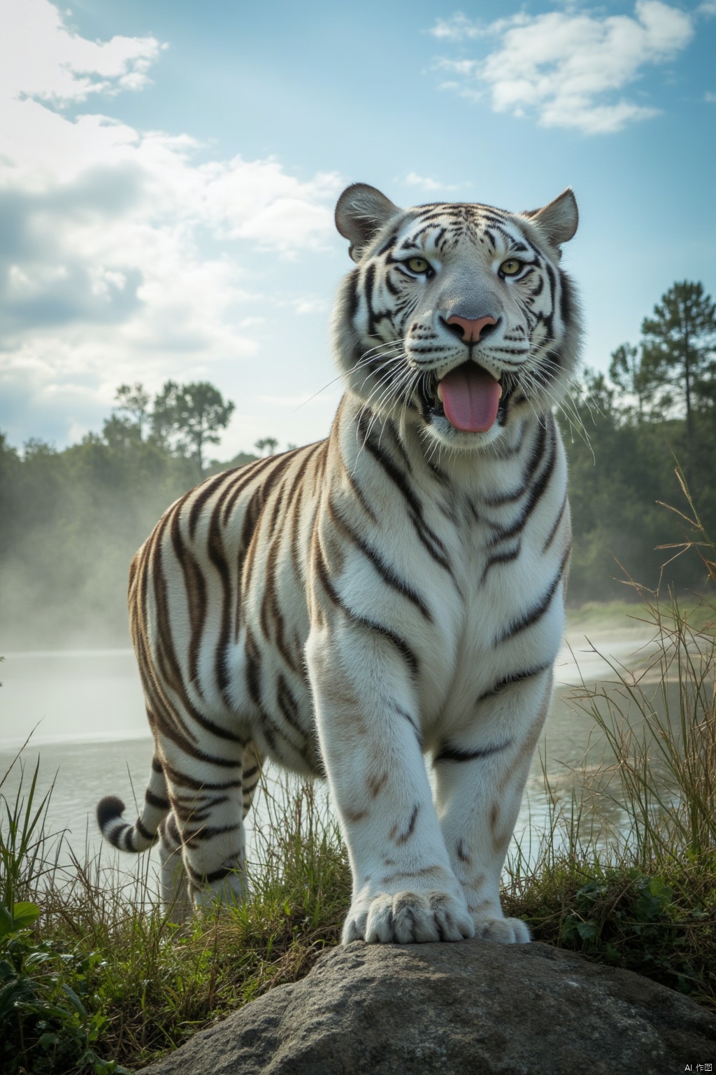 white tiger,qfl,outdoors, sky,cloud, water, tree,no human