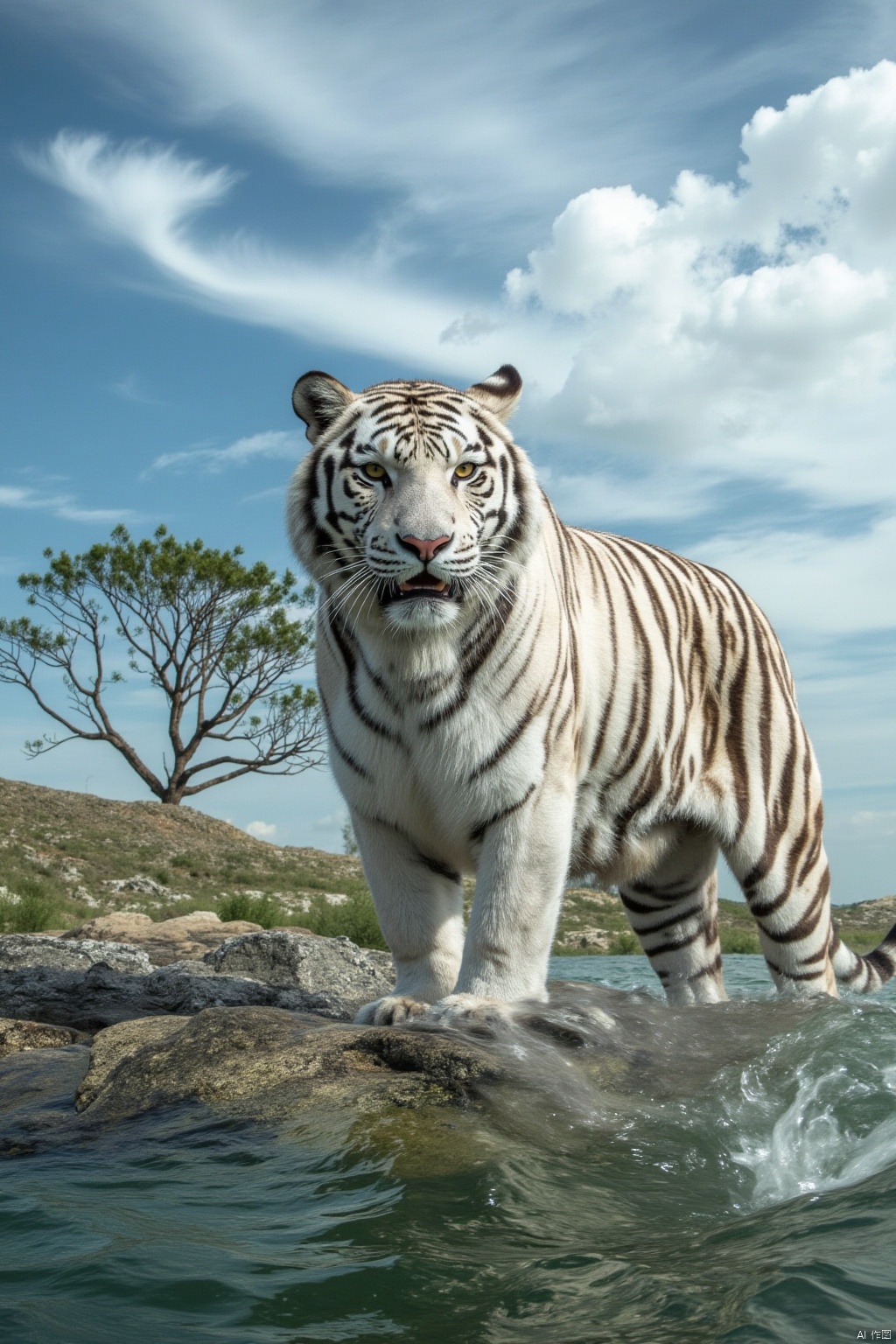 white tiger,qfl,outdoors, sky,cloud, water, tree,no human