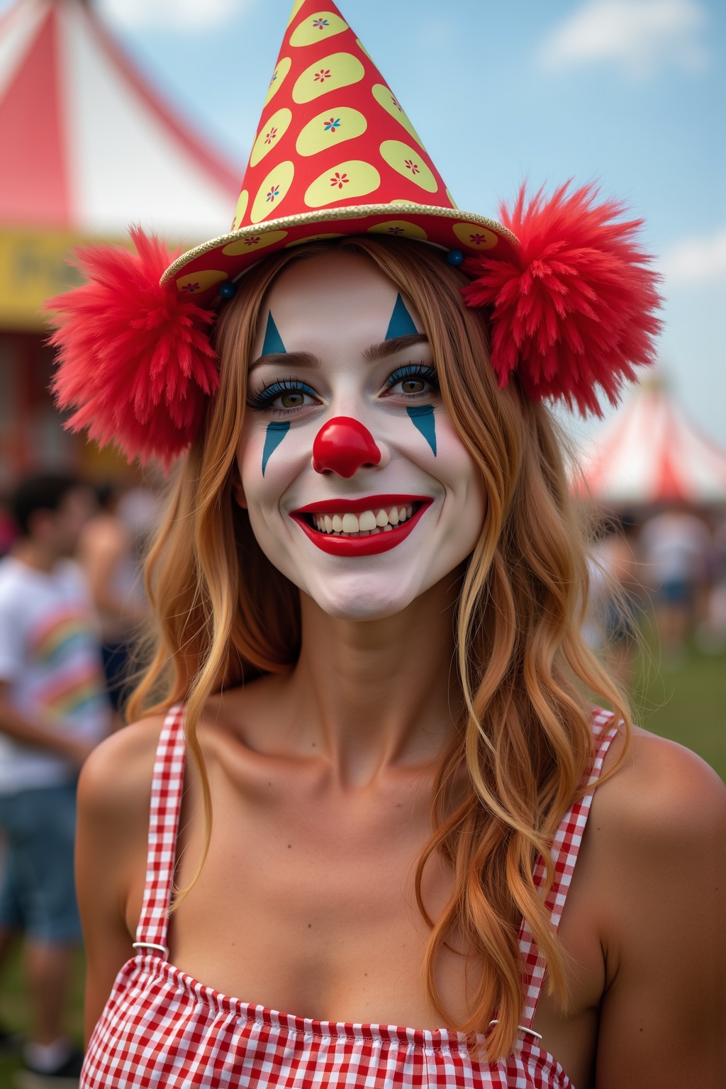 A photograph featuring a beautiful 30-year-old woman dressed as a cute clown working at a carnival in the summer. on Tenso...