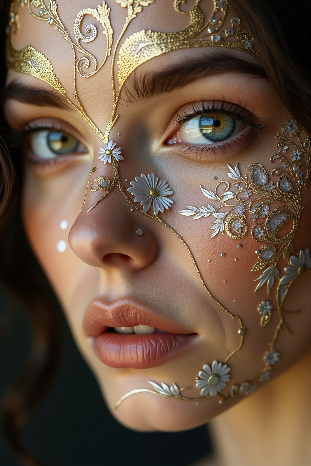 A hyperrealistic portrait of a beautiful woman,  her skin adorned with fine,  intricate Art Nouveau carvings that flow acr...