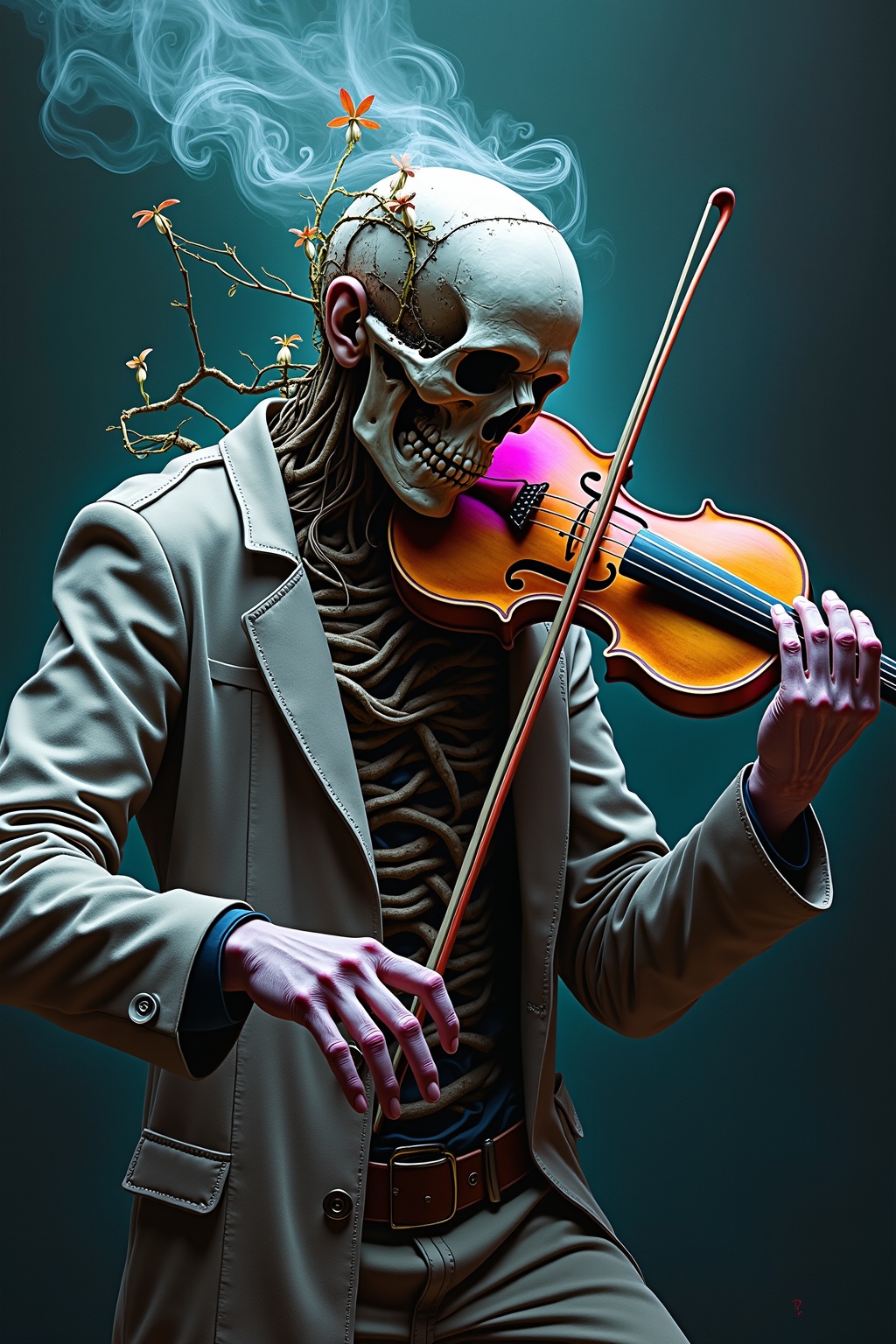 A decaying zombie violinist with shredded clothes,  its face half-missing to reveal a glowing skull beneath,  playing a vi...