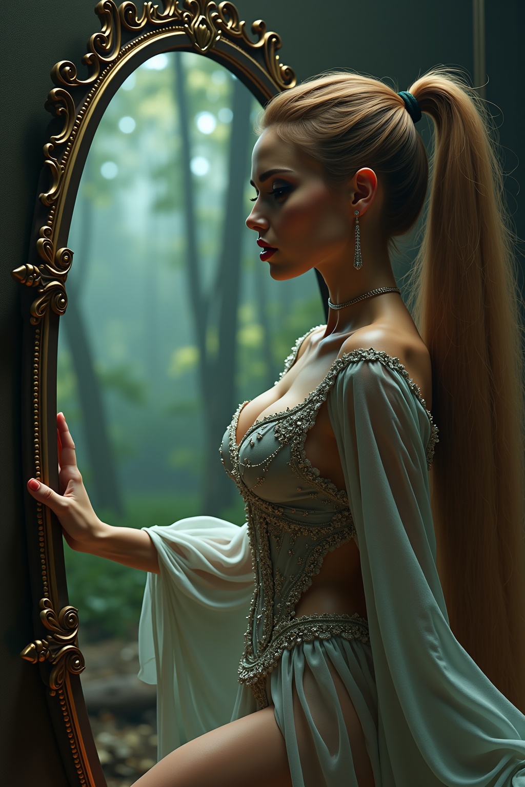 Masterpiece,  source_anime,  close up portrait of a beautiful and stunning woman stepping out of a mirror from another wor...