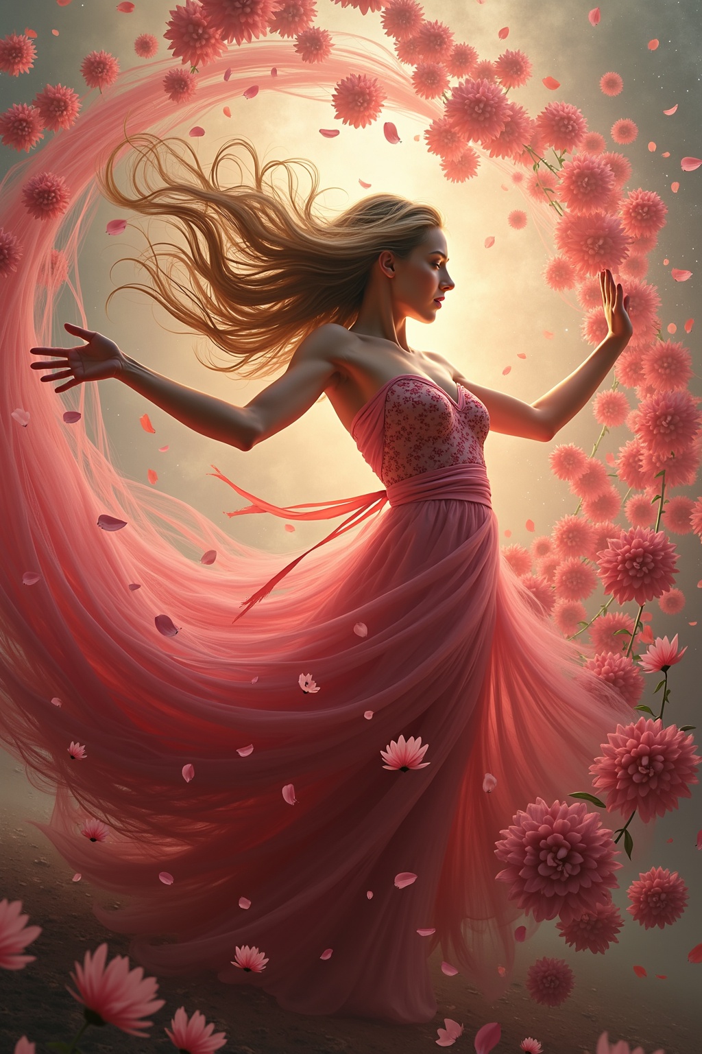 Surrounded by stunning flower petals,  twirling dance,  gorgeous torque on Tensor.Art