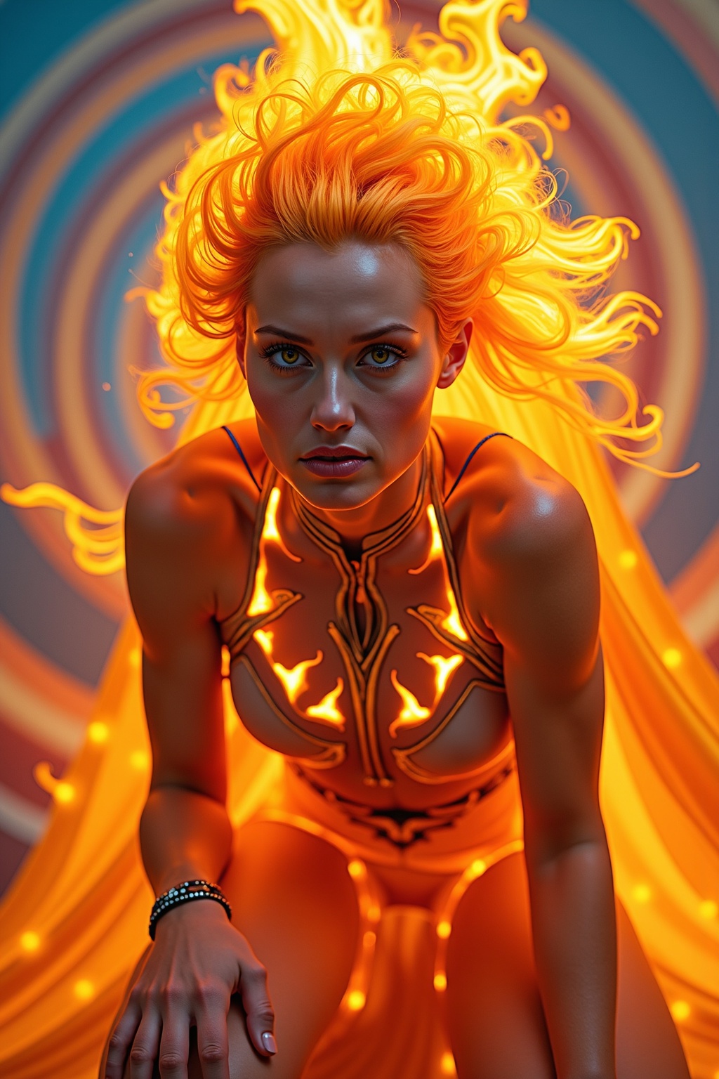 a SFW face close-up portrait of a mythical fire goddess,  her body glowing with intense orange,  fiery hot hair and yellow...