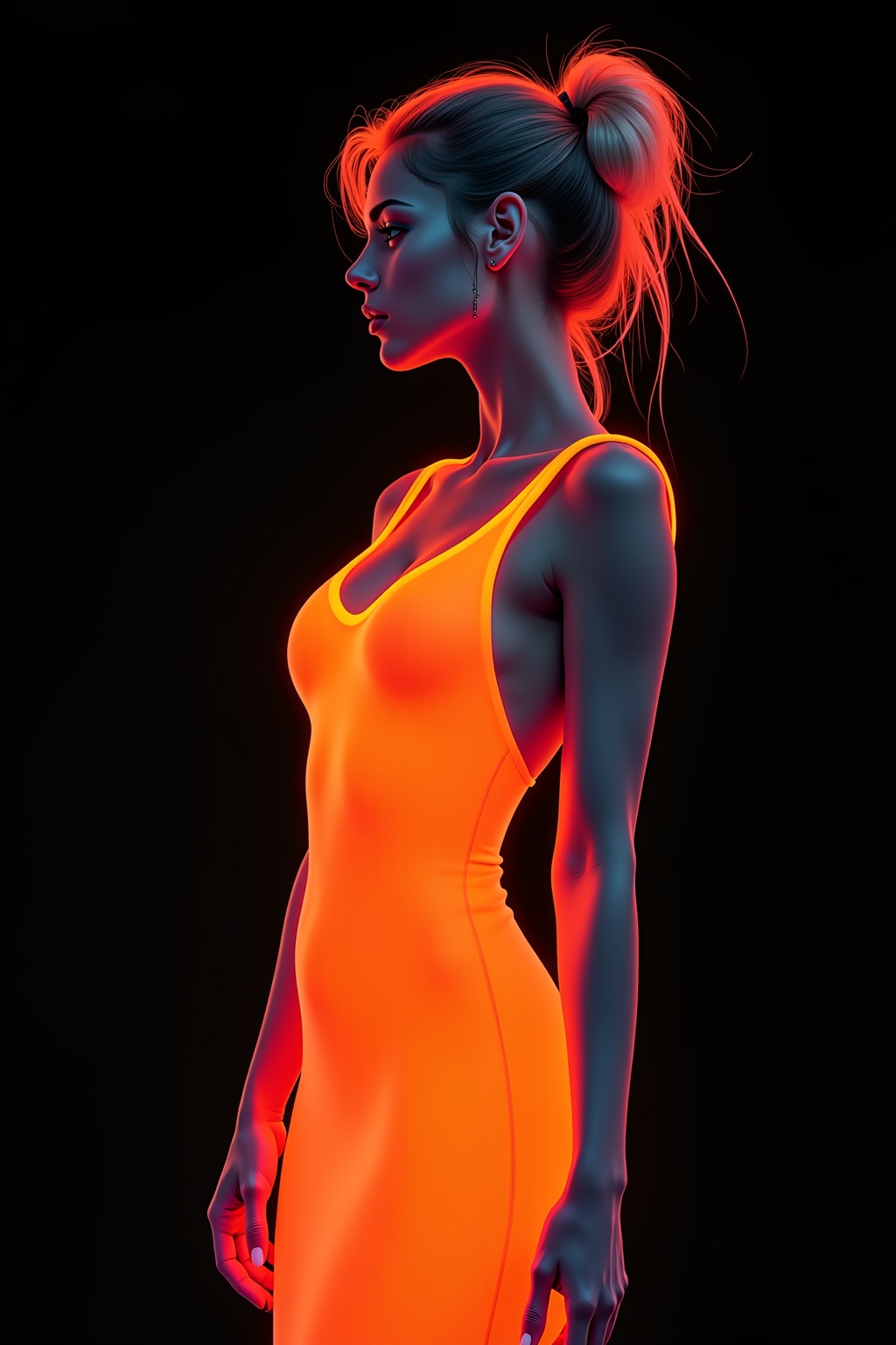 This striking artwork features a stylized portrait of a woman bathed in vibrant neon hues,  blending elements of elegance...